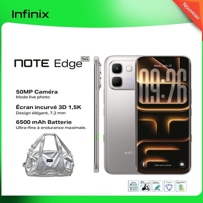 Infinix NOTE EDGE  - 6.78"  - 2 SIM - 50 Mpx - 8/256 Go - gris - 12 Mois Garantie - gadget offert