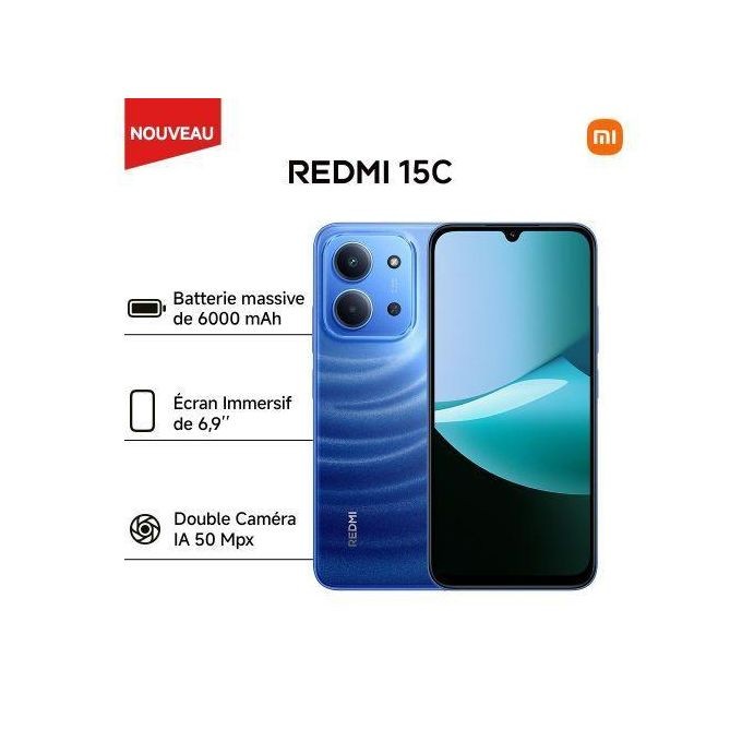 Xiaomi Redmi 15C - 6.89" - 6000 mAh - 4G - 8/50 Mpx - 4/128 Go - Bleu - Garantie 12 Mois